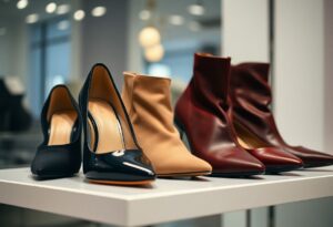 A stylish display of four pairs of women's shoes on a white shelf showcases chic black patent leather heels, beige ankle boots, and two pairs of red heeled boots. These fashionable shoes not only create the illusion of smaller feet but also offer trendy options for fashion enthusiasts in a contemporary store setting.