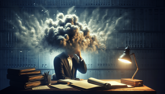 Myths about Debt Consolidation and Savings: Debunking Common Misconceptions | DCL A person surrounded by financial documents and high interest rate charts, looking concerned in a dimly lit office.